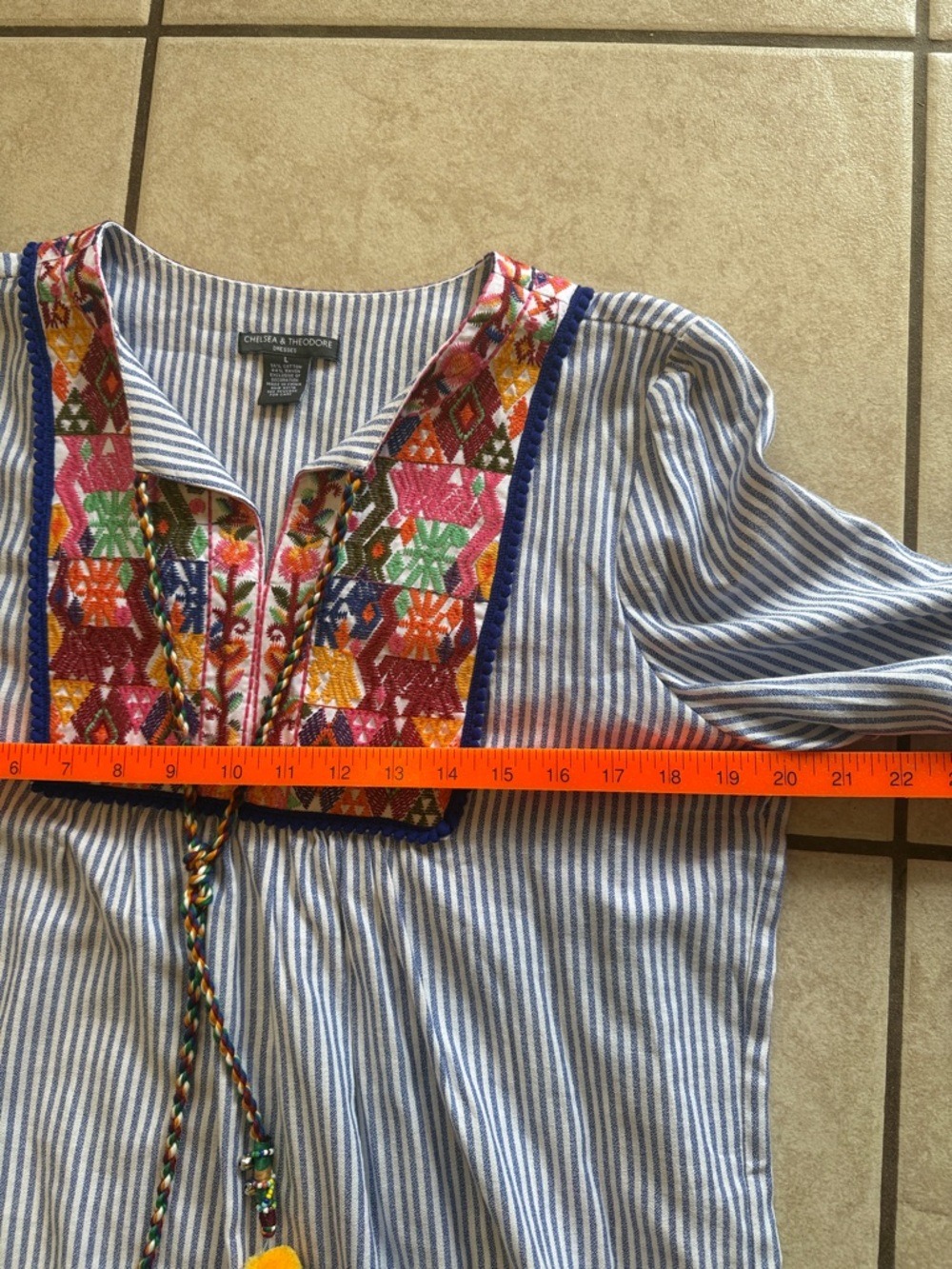 Striped Embroidered Boho Tunic Dress with Pom Tassels - Blue & Multicolor - Picture 7 of 8